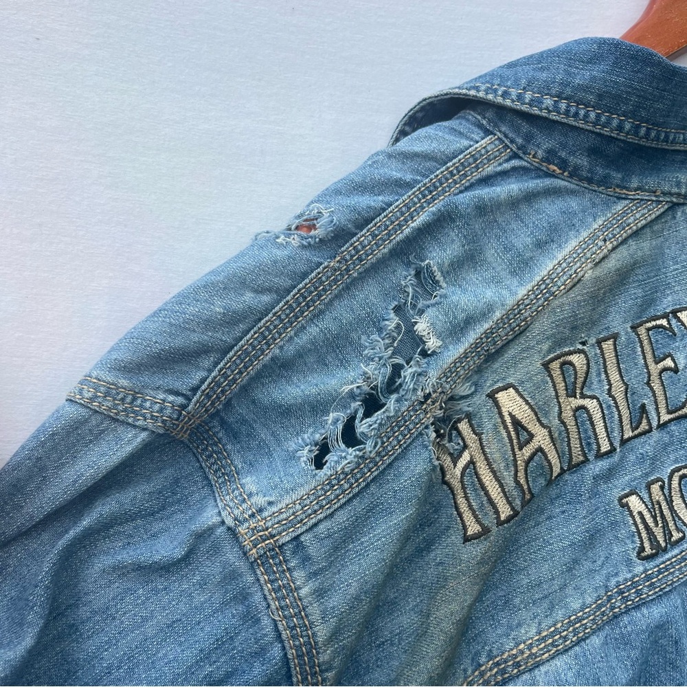 Harley‎ Davidson Denim Snap Shirt XL Embroidered Logo Biker Western Distressed - Picture 9 of 12